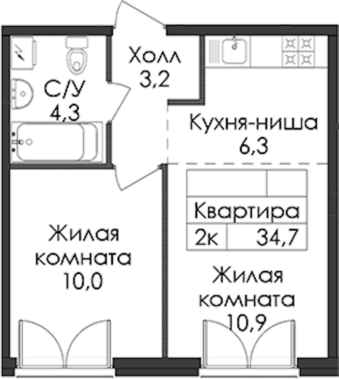 1-комнатная квартира 34.7 м², 2/9 эт., ЖК «Лермонтовский 54»